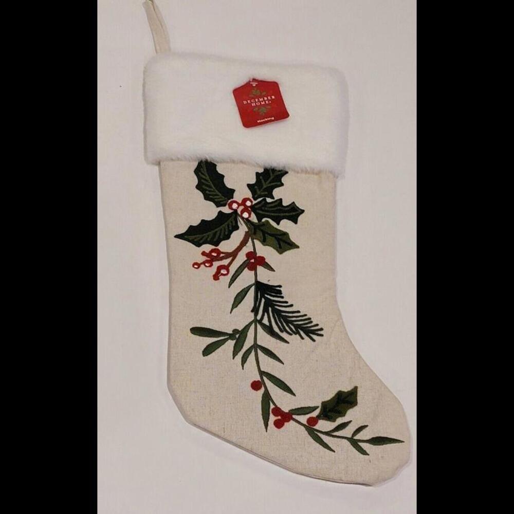 Christmas Stocking Off White With Mistle Toe Knitted White Accent 18" X 7"